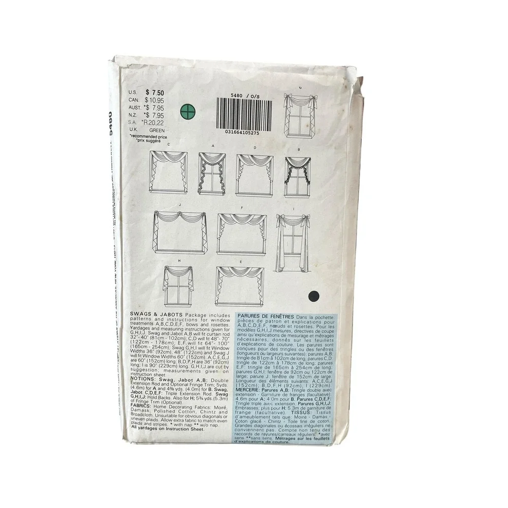 Butterick Sewing Pattern‎ 5480 Easy to Do Windows Swags Jabots Bows UNCUT